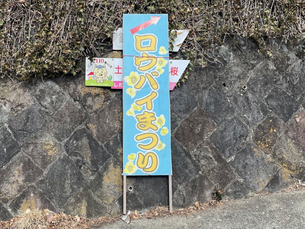 石垣の前　ロウバイまつりの看板
